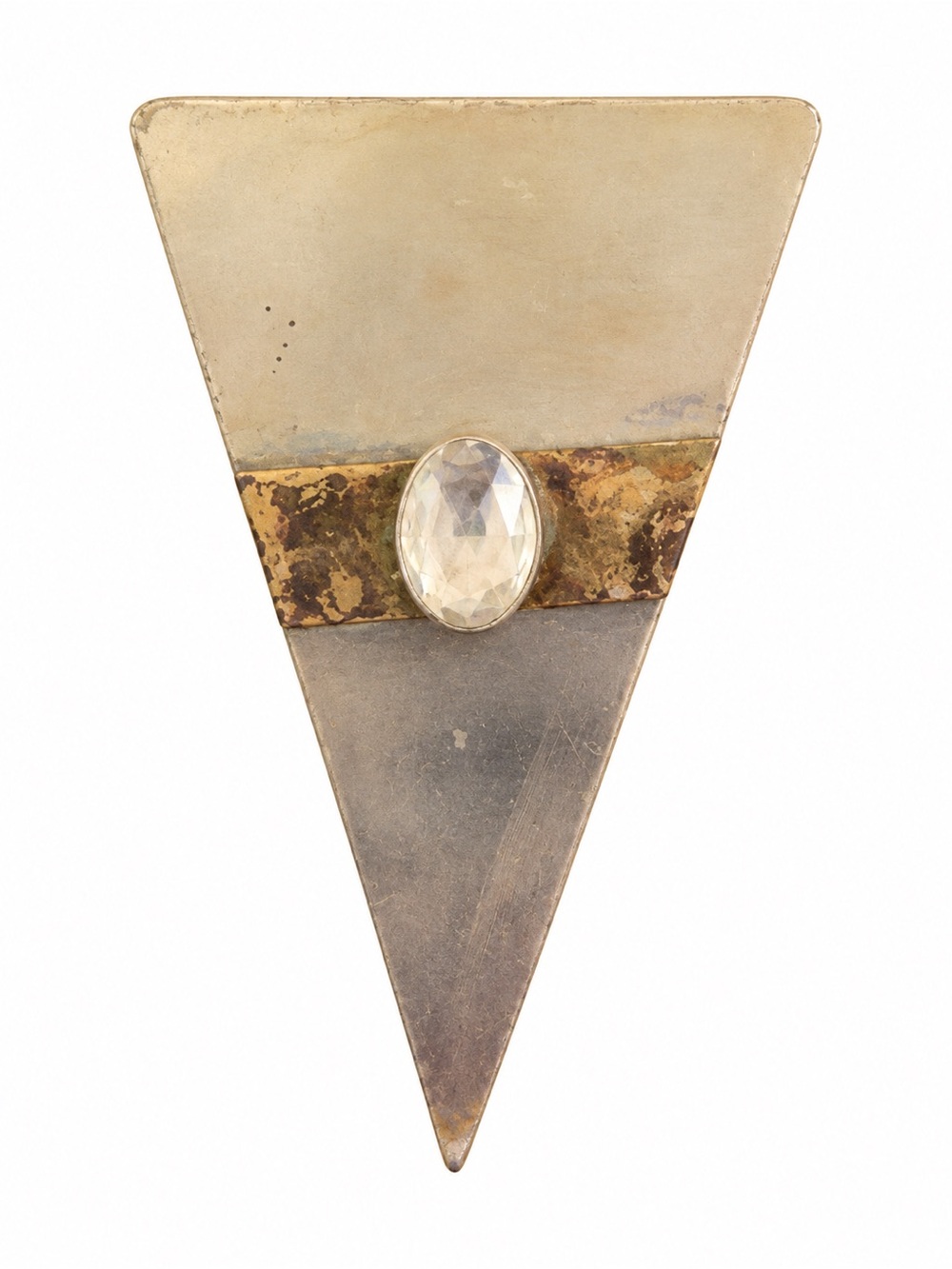 Vintage Mixed Metal Geometric Triangle Brooch with Faceted Crystal